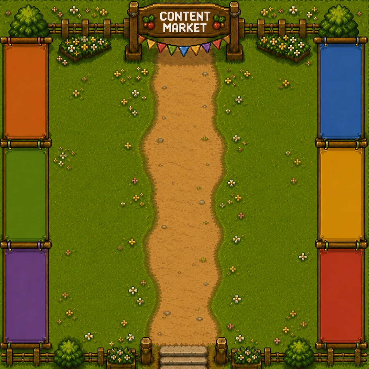 Pixel-art Content Market with SOMA carts on the left and HealthLand carts on the right